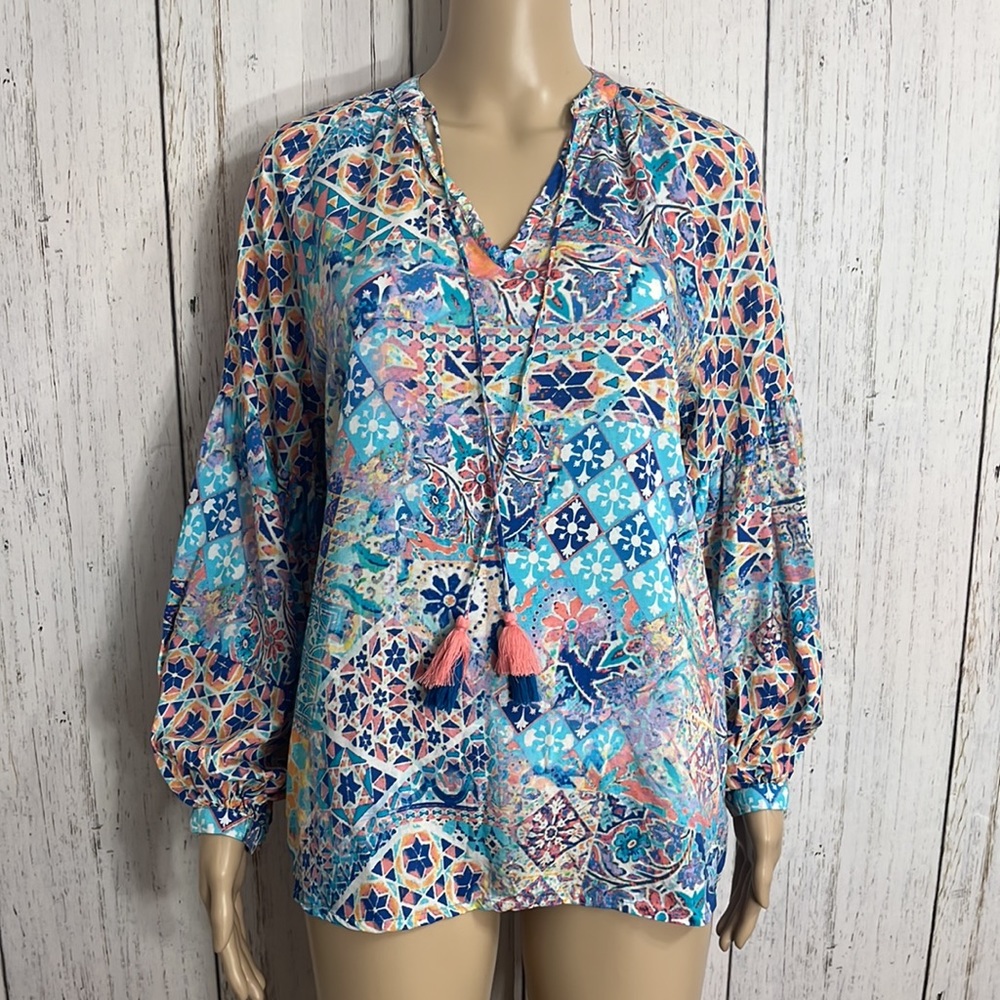 Feathers by Tolani Long Sleeve Tunic Top Floral Geometric Vivid Color Size Small
